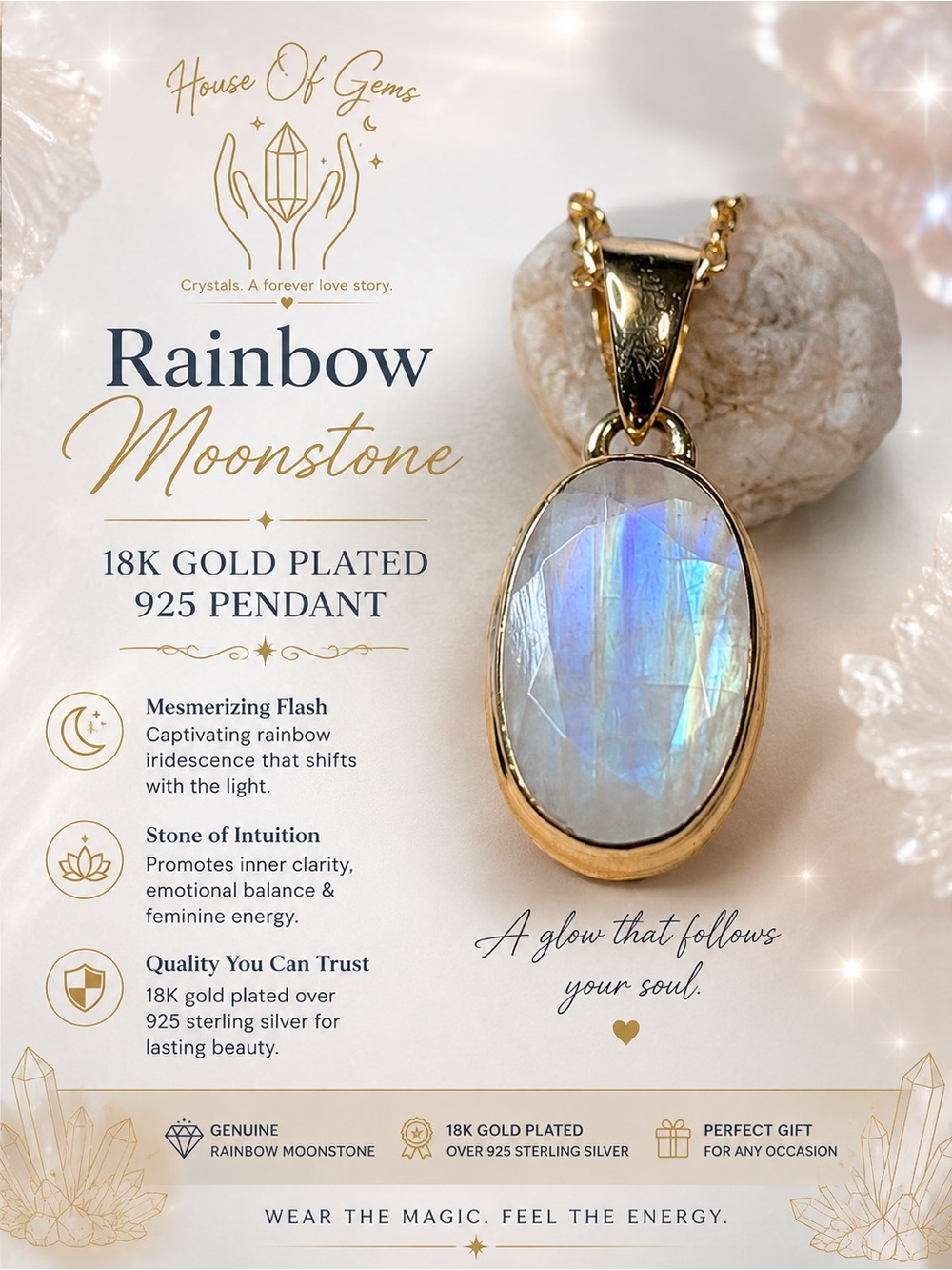 Rainbow Moonstone 18K Gold Plated Pendant - Blue Flash